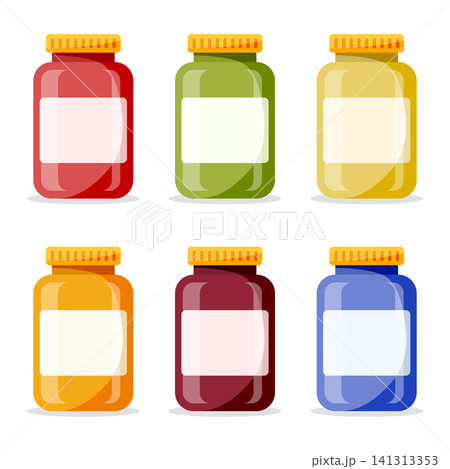 Cherry, strawberry, pear jam in glass jar icon set collection in flat style. Orange, blueberry, apple sweet food vector illustration on isolated background. Peach, raspberry, apricot, plum dessert Cherry, strawberry, pear jam in glass jar icon set collection in flat style. Orange, blueberry, apple sweet food vector illustration on isolated background. Peach, raspberry, apricot, plum dessert 141313353