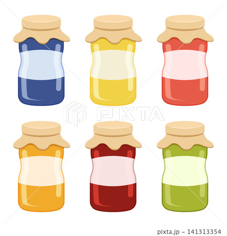 Cherry, strawberry, pear jam in glass jar icon set collection in flat style. Orange, blueberry, apple sweet food vector illustration on isolated background. Peach, raspberry, apricot, plum dessert Cherry, strawberry, pear jam in glass jar icon set collection in flat style. Orange, blueberry, apple sweet food vector illustration on isolated background. Peach, raspberry, apricot, plum dessert 141313354