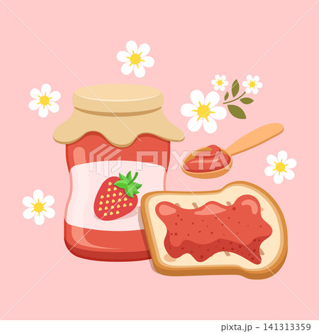 Strawberry jam in glass jar with bread toast icon in flat style. Breakfast sweet food vector illustration on isolated background. Fruits berries dessert sign business concept. Strawberry jam in glass jar with bread toast icon in flat style. Breakfast sweet food vector illustration on isolated background. Fruits berries dessert sign business concept. 141313359