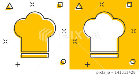 Chef hat icon in comic style. Cooker cap vector cartoon illustration pictogram. Chef restaurant business concept splash effect. 141313429
