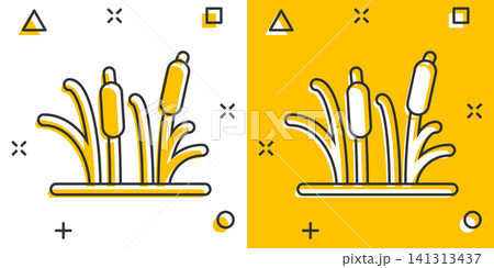 Reeds grass icon in comic style. Bulrush swamp vector cartoon illustration pictogram. Reed leaf business concept splash effect. Reeds grass icon in comic style. Bulrush swamp vector cartoon illustration pictogram. Reed leaf business concept splash effect. 141313437