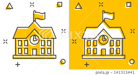School building icon in comic style. College education vector cartoon illustration pictogram. Bank, government business concept splash effect. School building icon in comic style. College education vector cartoon illustration pictogram. Bank, government business concept splash effect. 141313441