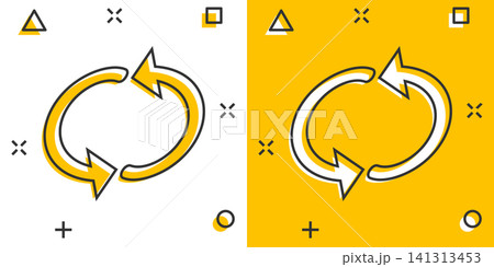 Arrow rotation icon in comic style. Sync action vector cartoon illustration on white isolated background. Refresh button business concept splash effect. 141313453