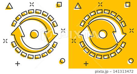 Oval with arrows icon in comic style. Consistency repeat vector cartoon illustration on white isolated background. Reload rotation business concept splash effect. Oval with arrows icon in comic style. Consistency repeat vector cartoon illustration on white isolated background. Reload rotation business concept splash effect. 141313472
