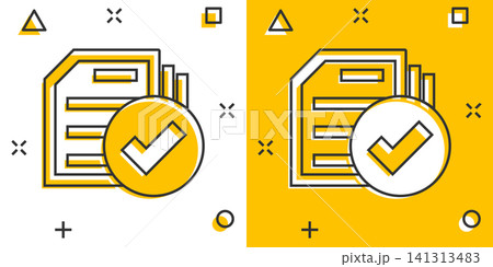 Compliance document icon in comic style. Approved process vector cartoon illustration on white isolated background. Checkmark business concept splash effect. Compliance document icon in comic style. Approved process vector cartoon illustration on white isolated background. Checkmark business concept splash effect. 141313483