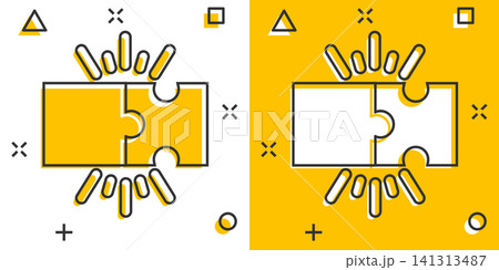 Puzzle compatible icon in comic style. Jigsaw agreement vector cartoon illustration on white isolated background. Cooperation solution business concept splash effect. Puzzle compatible icon in comic style. Jigsaw agreement vector cartoon illustration on white isolated background. Cooperation solution business concept splash effect. 141313487