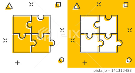 Puzzle compatible icon in comic style. Jigsaw agreement vector cartoon illustration on white isolated background. Cooperation solution business concept splash effect. Puzzle compatible icon in comic style. Jigsaw agreement vector cartoon illustration on white isolated background. Cooperation solution business concept splash effect. 141313488