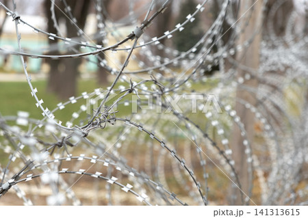 A sharp razor wire fence creates a formidable physical barrier against a blurred park background, representing security, border protection, safety, confinement, and restricted zones A sharp razor wire fence creates a formidable physical barrier against a blurred park background, representing security, border protection, safety, confinement, and restricted zones 141313615