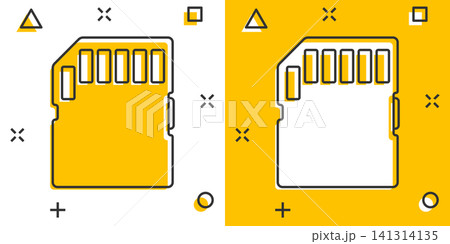 Micro SD card icon in comic style. Memory chip vector cartoon illustration on white isolated background. Storage adapter business concept splash effect. 141314135