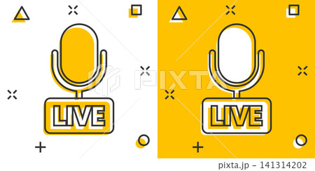 Microphone icon in comic style. Live broadcast vector cartoon illustration on white isolated background. Sound record business concept splash effect. 141314202