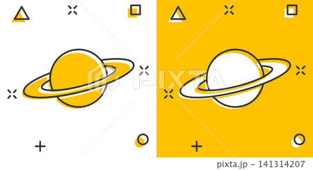 Saturn icon in comic style. Planet vector cartoon illustration on white isolated background. Galaxy space business concept splash effect. Saturn icon in comic style. Planet vector cartoon illustration on white isolated background. Galaxy space business concept splash effect. 141314207