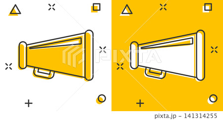 Megaphone speaker icon in comic style. Bullhorn audio announcement vector cartoon illustration pictogram. Megaphone broadcasting business concept splash effect. Megaphone speaker icon in comic style. Bullhorn audio announcement vector cartoon illustration pictogram. Megaphone broadcasting business concept splash effect. 141314255