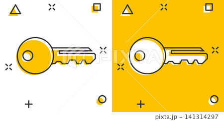 Key icon in comic style. Access login vector cartoon illustration pictogram. Password key business concept splash effect. 141314297