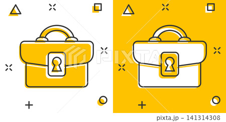Briefcase sign icon in comic style. Suitcase vector cartoon illustration on white isolated background. Baggage business concept splash effect. Briefcase sign icon in comic style. Suitcase vector cartoon illustration on white isolated background. Baggage business concept splash effect. 141314308