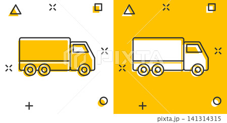 Delivery truck sign icon in comic style. Van vector cartoon illustration on white isolated background. Cargo car business concept splash effect. Delivery truck sign icon in comic style. Van vector cartoon illustration on white isolated background. Cargo car business concept splash effect. 141314315