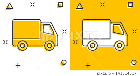 Delivery truck sign icon in comic style. Van vector cartoon illustration on white isolated background. Cargo car business concept splash effect. Delivery truck sign icon in comic style. Van vector cartoon illustration on white isolated background. Cargo car business concept splash effect. 141314317