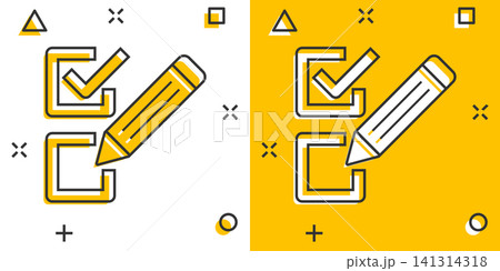 Checklist document sign icon in comic style. Survey vector cartoon illustration on white isolated background. Check mark banner business concept splash effect. 141314318