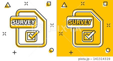Checklist document sign icon in comic style. Survey vector cartoon illustration on white isolated background. Check mark banner business concept splash effect. Checklist document sign icon in comic style. Survey vector cartoon illustration on white isolated background. Check mark banner business concept splash effect. 141314319