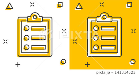 Checklist document sign icon in comic style. Survey vector cartoon illustration on white isolated background. Check mark banner business concept splash effect. 141314323