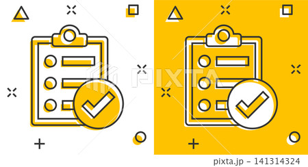 Checklist document sign icon in comic style. Survey vector cartoon illustration on white isolated background. Check mark banner business concept splash effect. 141314324