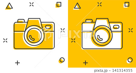 Camera device sign icon in comic style. Photography vector cartoon illustration on white isolated background. Cam equipment business concept splash effect. 141314355