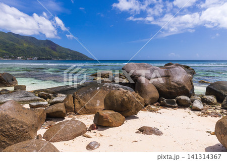 Beau Vallon, Seychelles, rocky beach view with clear turquoise water Beau Vallon, Seychelles, rocky beach view with clear turquoise water 141314367