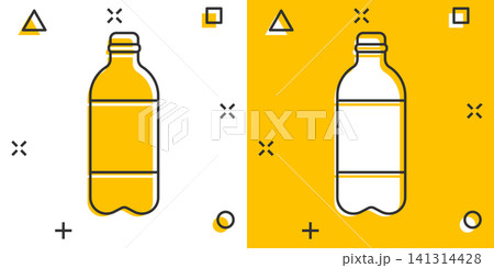 Water bottle icon in comic style. Plastic soda bottle vector cartoon illustration pictogram. Liquid water business concept splash effect. 141314428
