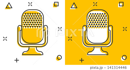 Microphone icon in comic style. Mic broadcast vector cartoon illustration pictogram. Microphone mike speech business concept splash effect. 141314446