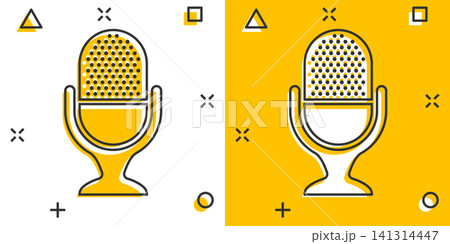 Microphone icon in comic style. Mic broadcast vector cartoon illustration pictogram. Microphone mike speech business concept splash effect. Microphone icon in comic style. Mic broadcast vector cartoon illustration pictogram. Microphone mike speech business concept splash effect. 141314447
