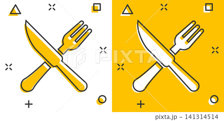Fork and knife restaurant icon in comic style. Dinner equipment vector cartoon illustration pictogram. Restaurant business concept splash effect. 141314514