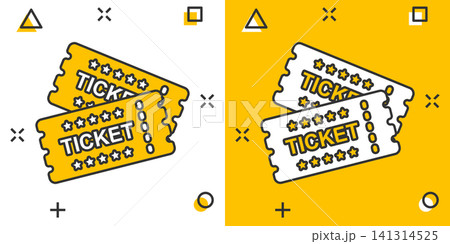 Cinema ticket icon in comic style. Admit one coupon entrance vector cartoon illustration pictogram. Ticket business concept splash effect. Cinema ticket icon in comic style. Admit one coupon entrance vector cartoon illustration pictogram. Ticket business concept splash effect. 141314525