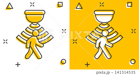Motion sensor icon in comic style. Sensor waves with man vector cartoon illustration pictogram. People security connection business concept splash effect. 141314535