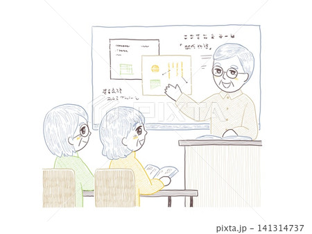 カルチャー講座で座って先生の講義を聞いて学ぶ二人のシニアの女性 カルチャー講座で座って先生の講義を聞いて学ぶ二人のシニアの女性 141314737