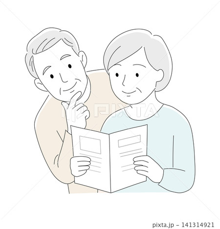 パンフレットを見ながら相談するシニア夫婦のイラスト パンフレットを見ながら相談するシニア夫婦のイラスト 141314921