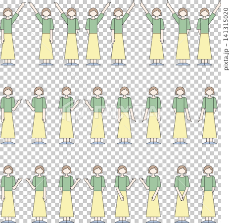 上下左右へ指をさす女性アイコンイラストセット　カラー　グリーン 141315020