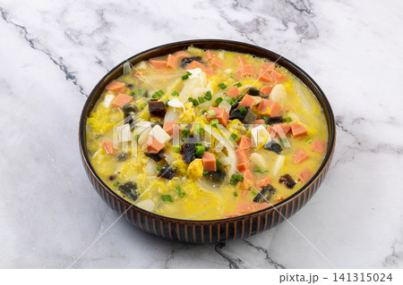 baby cabbage in superior broth with ham, century egg and salted egg yolk 141315024