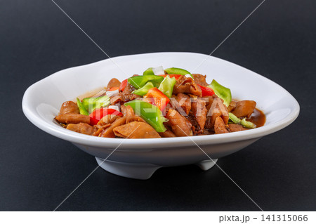 braised pork intestines with bell peppers in rich brown savory sauce 141315066