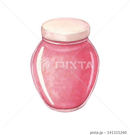 Glass jar filled with red jam. Hand-painted watercolor illustration isolated on white for food branding, packaging, label, recipe books, kitchen decor, advertising, template, poster, product promotion Glass jar filled with red jam. Hand-painted watercolor illustration isolated on white for food branding, packaging, label, recipe books, kitchen decor, advertising, template, poster, product promotion 141315260