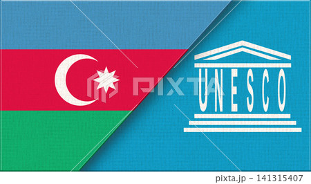 Double Flag of Azerbaijan and UNESCO on Fabric Texture Double Flag of Azerbaijan and UNESCO on Fabric Texture 141315407