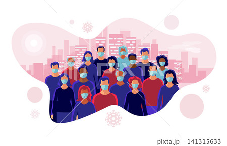 Group of People Wearing Protective Medical Face Mask in City 141315633