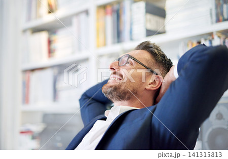 Smile, relax and thinking with business man in office to complete or finish corporate task. Career, happy and idea with mature employee in suit at workplace for contemplation, future or vision Smile, relax and thinking with business man in office to complete or finish corporate task. Career, happy and idea with mature employee in suit at workplace for contemplation, future or vision 141315813