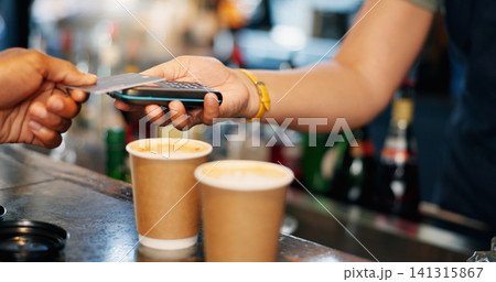 Customer, hands and credit card at coffee shop POS, fintech payment and cafe, restaurant or small business services. Barista or people hands at point of sale counter, machine and scan for drink order Customer, hands and credit card at coffee shop POS, fintech payment and cafe, restaurant or small business services. Barista or people hands at point of sale counter, machine and scan for drink order 141315867