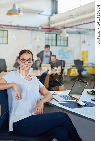 Woman, laptop and portrait in coworking space for company career and online planning for creative research project on web. Female professional designer and smile in office with tech on email internet Woman, laptop and portrait in coworking space for company career and online planning for creative research project on web. Female professional designer and smile in office with tech on email internet 141315874