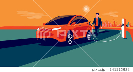 Electric Car Charging with Man Holding Charger Plug from Station with City Skyline Electric Car Charging with Man Holding Charger Plug from Station with City Skyline 141315922