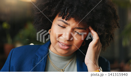 Frustrated black woman, headache and afro in stress, anxiety or mistake for business pressure at cafe. Face of African female person with migraine, pain or depression in mental health at coffee shop Frustrated black woman, headache and afro in stress, anxiety or mistake for business pressure at cafe. Face of African female person with migraine, pain or depression in mental health at coffee shop 141315940