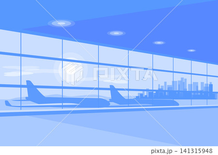 Airport terminal gate waiting hall interior with airplane and city skyline Airport terminal gate waiting hall interior with airplane and city skyline 141315948