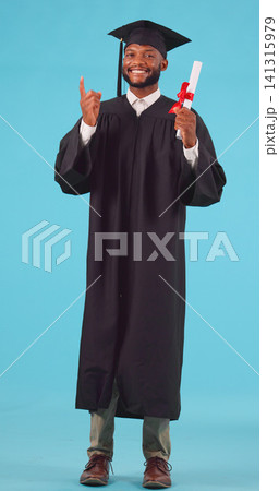 Black man, graduation and pointing up for education achievement with university advertising, portrait and diploma. Success, future and certified, academic course promotion and graduate in studio 141315979