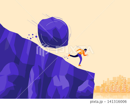 Man with face mask running away from covid, financial recession, climate change to the cliff 141316006