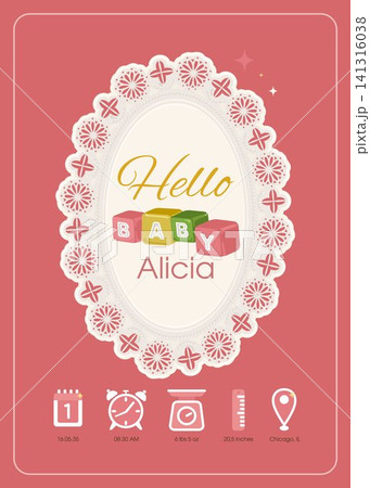 Baby girl birth announcement with alphabet blocks lace frame name date time weight height and location 141316038