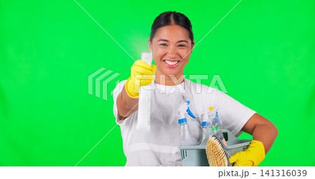 Portrait of woman, cleaning or spray on green screen for hygiene, household maintenance or product. Cleaner ready, service or face of Asian female person with detergent bottle on studio background Portrait of woman, cleaning or spray on green screen for hygiene, household maintenance or product. Cleaner ready, service or face of Asian female person with detergent bottle on studio background 141316039